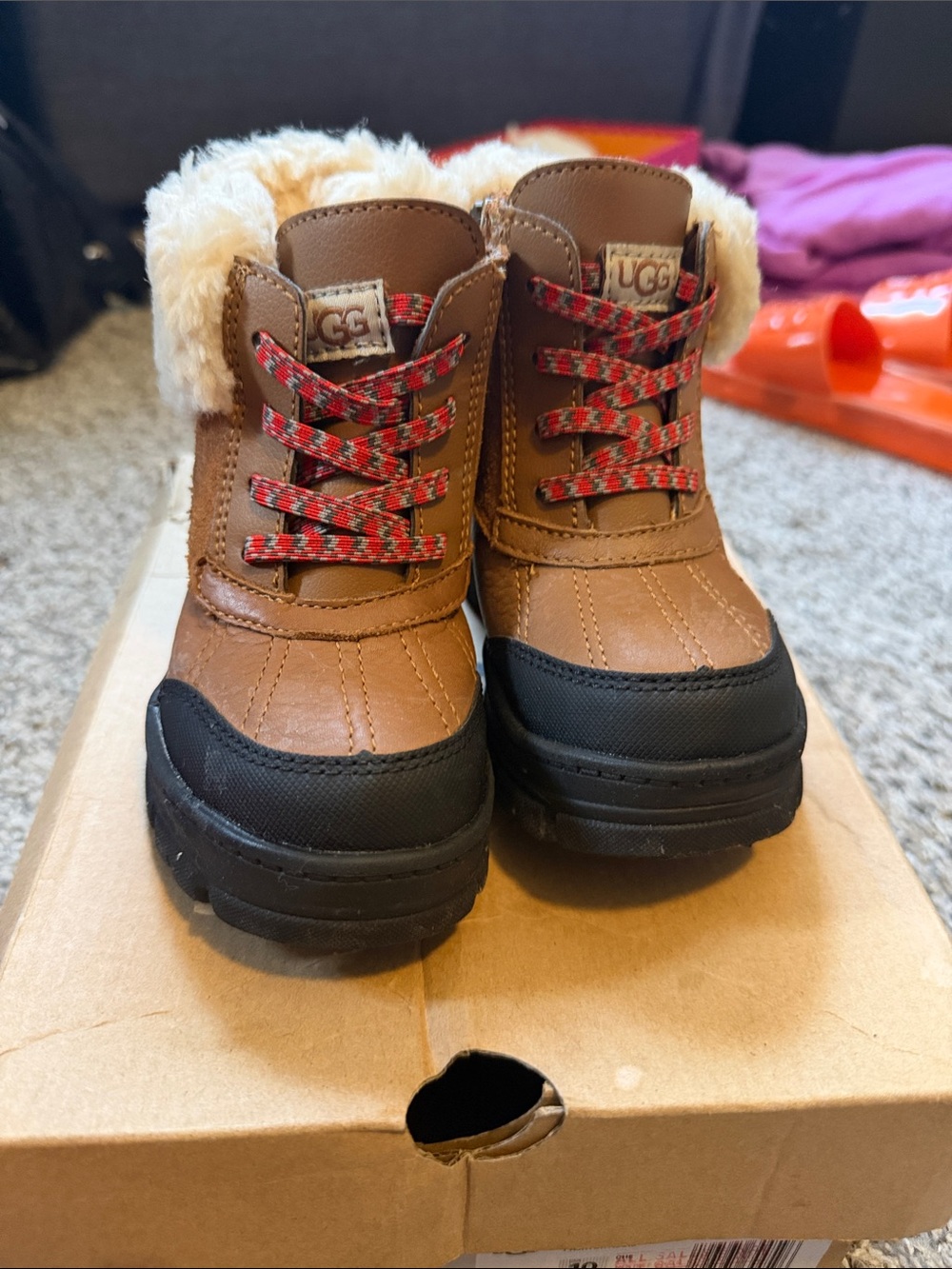 UGG Kids Brown and Black Faux-Fur Winter Boots with Red Accent Laces